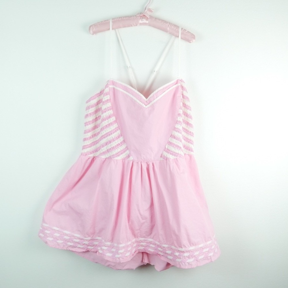 Unique Vintage Pink Cotton Smocked Romper DRESS Sweetheart Neck 4XL Retro Pinup